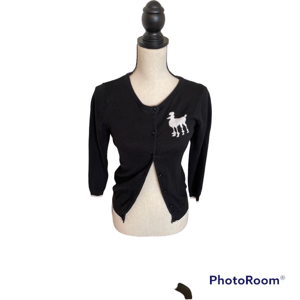 Black Women's Button-Up Cardigan with White Poodle Motif